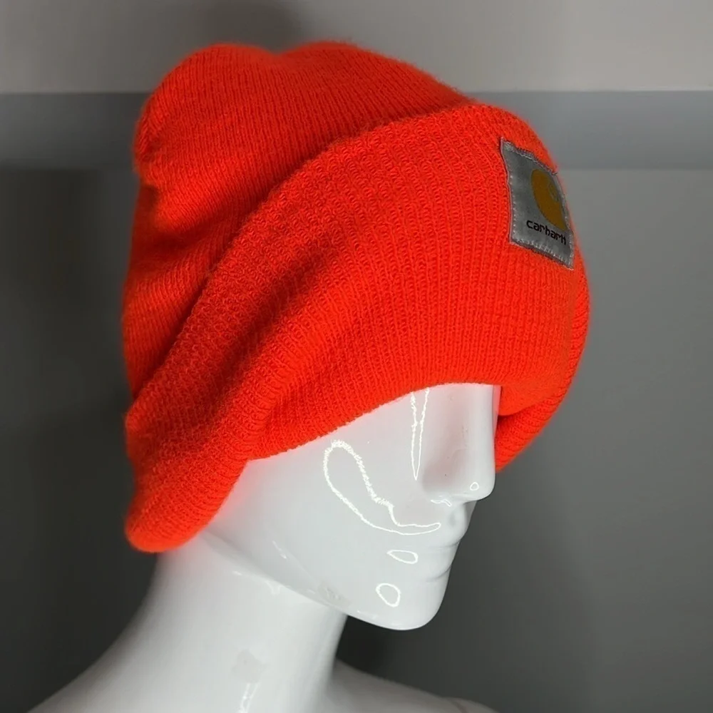 Carhartt Bright Neon Orange Ribbed Beanie Foldover Hat - One Size - unisex
